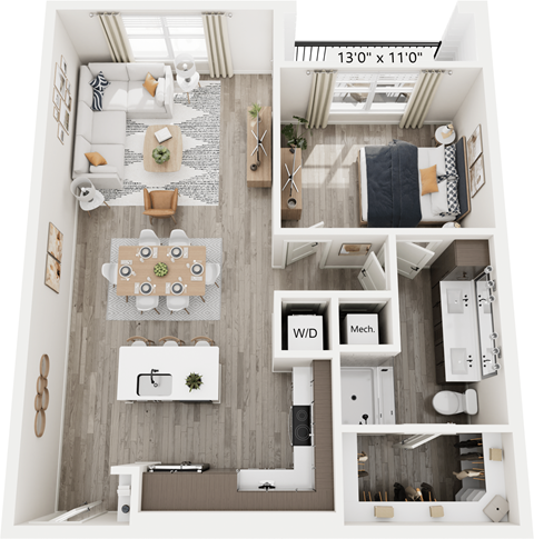 Floor plan for 1 bed, 1 bath, 843 sqft